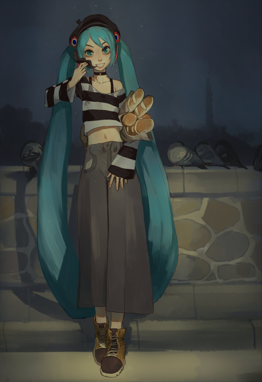 1girl absurdres beret black_choker black_headwear blue_hair boots choker commentary english_commentary fake_facial_hair fake_mustache full_body green_eyes grey_pants hand_up hat hatsune_miku highres long_hair long_sleeves looking_at_viewer mime mossacannibalis night night_sky off-shoulder_shirt off_shoulder outdoors pants shirt sky smile solo striped striped_shirt twintails very_long_hair vocaloid