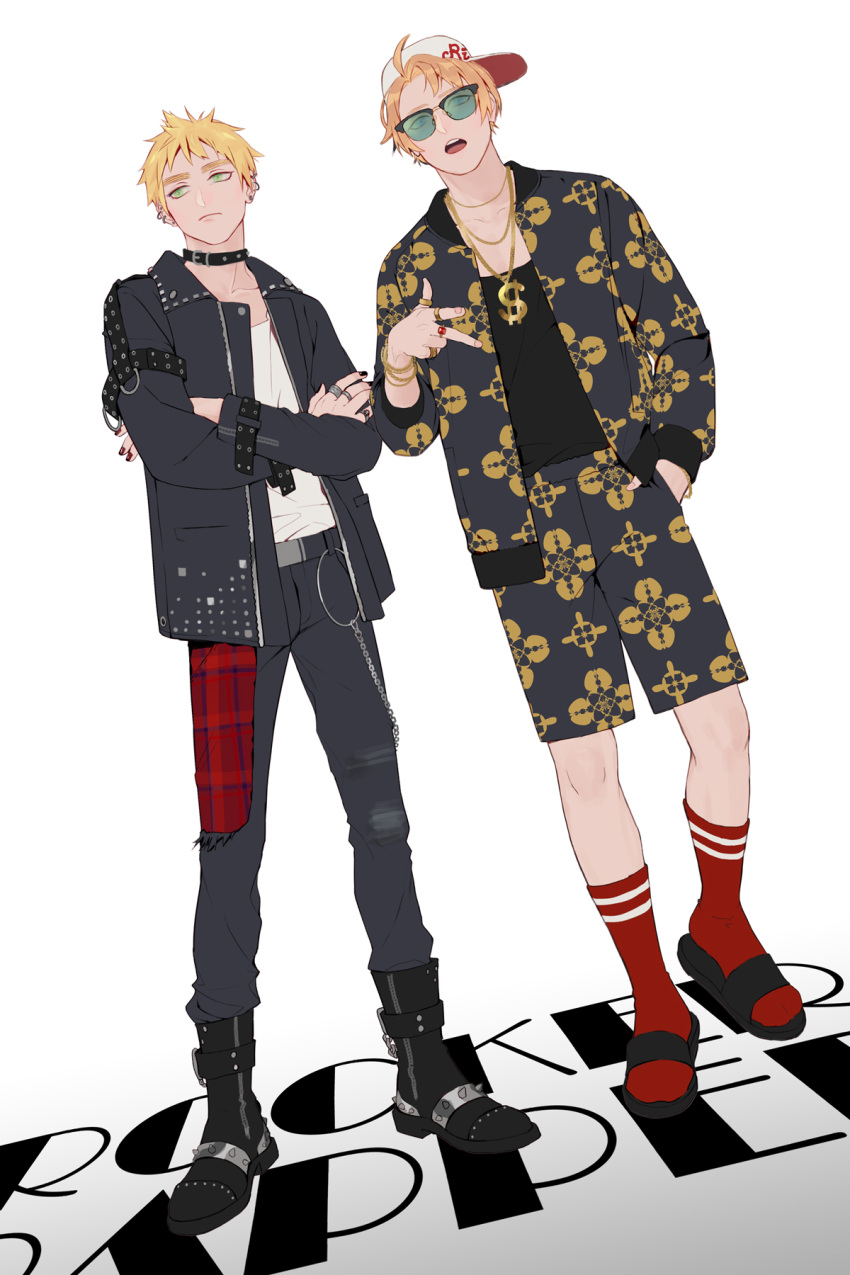 2boys alternate_costume america_(hetalia) axis_powers_hetalia backwards_hat chain choker crossed_arms gold_chain hand_in_pocket hat highres huacai jacket leather leather_jacket looking_down looking_to_the_side male_focus multiple_boys patterned_clothing punk red_legwear socks spiked_boots spiked_choker spikes sunglasses thick_eyebrows united_kingdom_(hetalia)