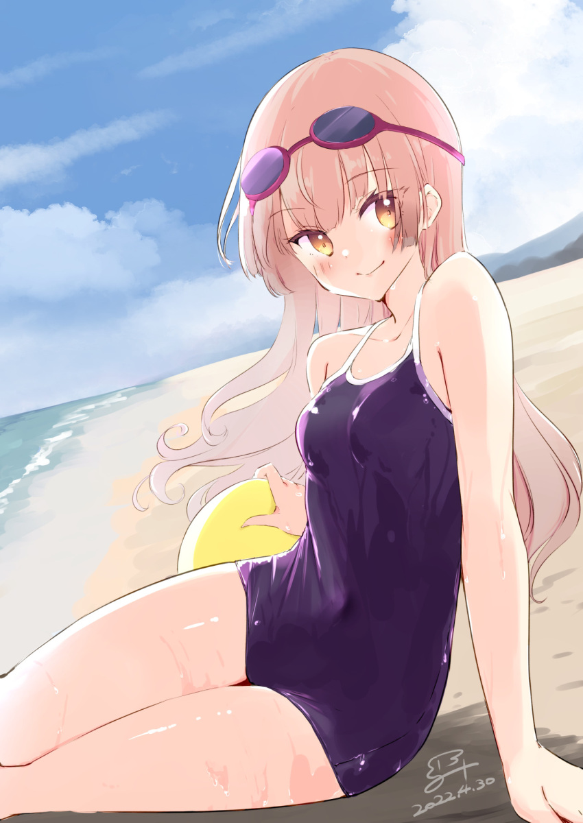 1girl 2022 atelier_(series) atelier_lydie_&amp;_suelle bangs bare_arms beach blue_sky blush closed_mouth clouds collarbone dated day dutch_angle eyebrows_visible_through_hair highres long_hair looking_at_viewer minidraco one-piece_swimsuit outdoors pink_hair purple_swimsuit school_swimsuit shiny shiny_hair sitting sky smile solo straight_hair suelle_marlen summer swimsuit very_long_hair yellow_eyes