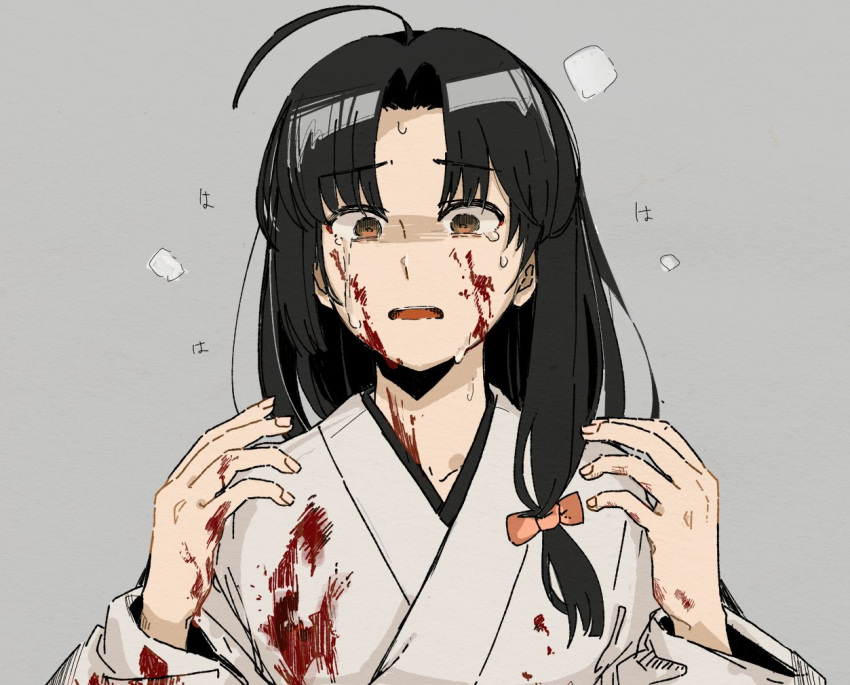 1girl ahoge black_hair blood blood_on_clothes blood_on_face blood_on_hands brown_eyes commentary_request copyright_request crying crying_with_eyes_open eyebrows_visible_through_hair grey_background hair_ribbon hinata_hibari kantai_collection long_hair ribbon shouhou_(kancolle) side_ponytail teardrop tears translation_request