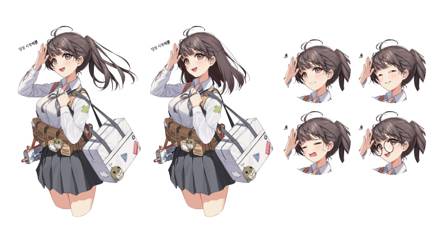 &gt;o&lt; 1girl 2qba :d \||/ absurdres ahoge alternate_hairstyle ammunition_pouch anya's_heh_face_(meme) arm_up bag bangs belt bespectacled bird blush brand_name_imitation breasts brown_eyes brown_hair carrying_bag cho_hojin clover collared_shirt counter:side cropped_legs expression_chart expressions eyebrows_visible_through_hair fingernails four-leaf_clover furrowed_brow glasses grey_skirt grin gun hair_down hand_on_own_chest highres keychain long_fingernails long_sleeves looking_at_viewer medium_breasts medium_hair meme miniskirt mixed-language_commentary multiple_views neck_ribbon owl pink_nails pleated_skirt ponytail pouch ribbon salute school_bag school_uniform shiny shiny_hair shirt shoulder_bag skirt smile smug sticker supreme_(brand) sweatdrop tearing_up translation_request utility_belt weapon white_background white_shirt wing_collar