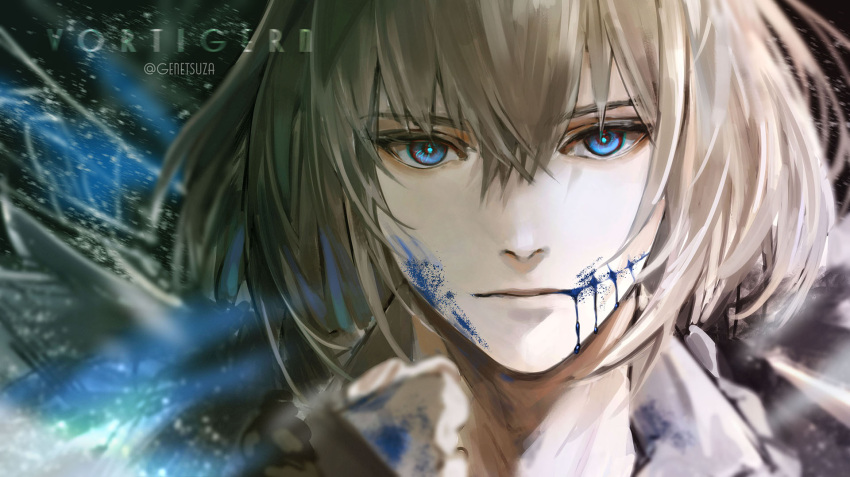 1boy arthropod_boy bangs bleeding blood blood_on_face blood_stain blue_blood blue_eyes character_name closed_mouth collared_shirt commentary crown diamond_hairband expressionless face fate/grand_order fate_(series) highres insect_wings kou_(184756o) light_particles looking_at_viewer male_focus medium_hair oberon_(fate) oberon_(third_ascension)_(fate) shirt solo spoilers twitter_username white_hair white_shirt wings