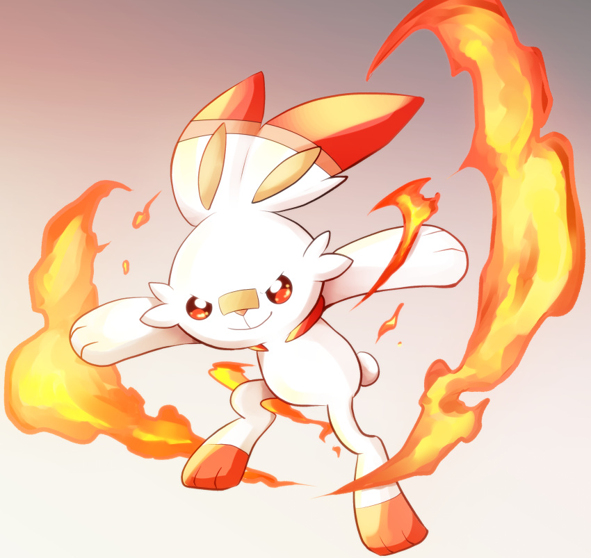bandaid bandaid_on_face bandaid_on_nose closed_mouth commentary_request fire full_body gradient gradient_background haru_(chill3838) highres no_humans outstretched_arms pokemon pokemon_(creature) scorbunny smile solo