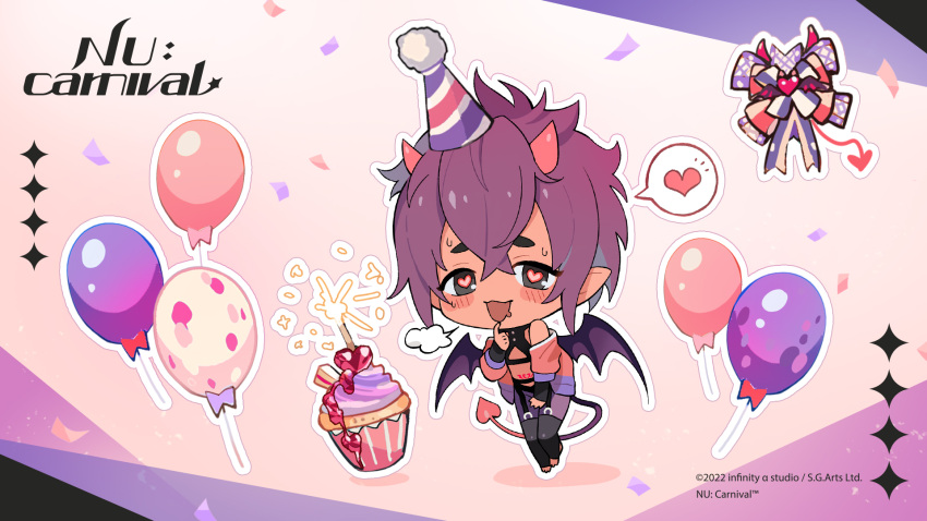 1boy balloon blush candle chibi cupcake demon_boy demon_horns demon_tail demon_wings food hat heart heart-shaped_pupils highres horns male_focus morvay_(nu_carnival) nu_carnival off_shoulder official_art open_mouth party_hat pointy_ears purple_hair short_hair speech_bubble stomach_tattoo symbol-shaped_pupils tail tattoo wings