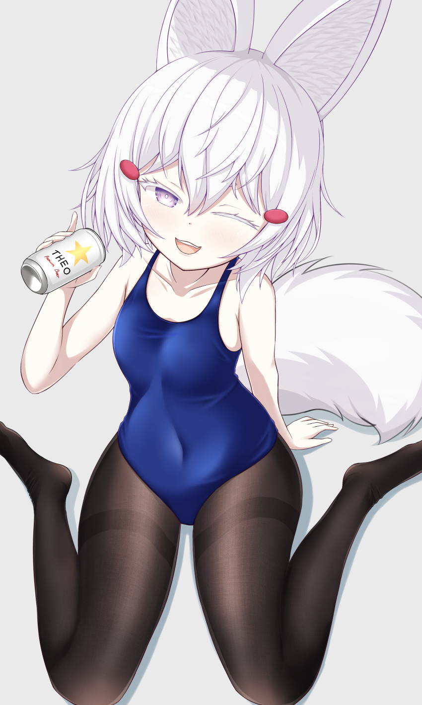 1girl absurdres alcohol alternate_costume beer breasts cien_(shikanokuni) collarbone colored_eyelashes covered_navel eyelashes fox_girl fox_tail hair_between_eyes highres kitsune pantyhose phase_connect pointy_ears school_swimsuit simple_background small_breasts swimsuit tail tenma_maemi thighs violet_eyes virtual_youtuber
