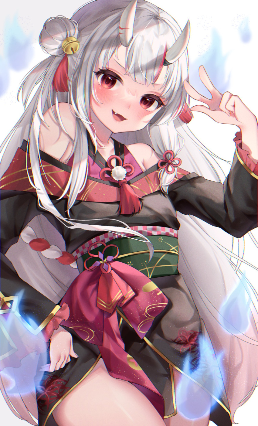 1girl :d absurdres bangs bell black_kimono blush breasts fang floral_print frilled_sleeves frills grey_hair hair_bell hair_bun hair_ornament hand_on_hip hand_up highres hitodama hololive horns japanese_clothes jingle_bell kimono long_sleeves looking_at_viewer multicolored_hair nakiri_ayame nichino obi off_shoulder oni oni_horns print_kimono red_eyes redhead sash small_breasts smile solo streaked_hair virtual_youtuber w