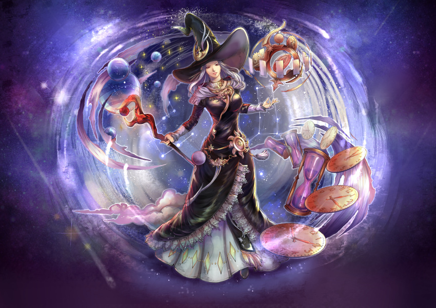 1girl absurdres astrologian_(final_fantasy) avatar_(ff14) breasts card clock commission constellation dress final_fantasy final_fantasy_xiv grey_hair hat highres holding holding_staff hourglass large_breasts long_hair looking_at_viewer red_eyes seneka_grafika solo staff witch_hat