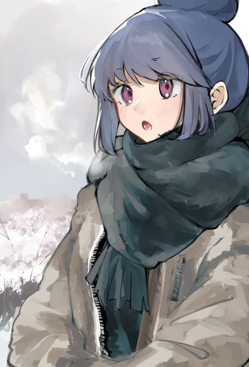 1girl :o absurdres blue_hair breath commentary hair_bun highres jacket leadin_the_sky outdoors scarf shima_rin solo upper_body violet_eyes yurucamp