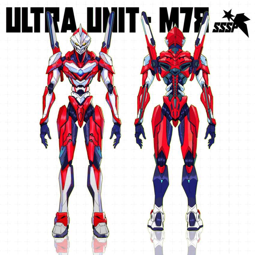 character_sheet creator_connection highres keen_fai looking_ahead looking_at_viewer mecha mechanization neon_genesis_evangelion no_humans open_hands rebuild_of_evangelion reflection science_fiction shin_ultraman tokusatsu ultra_series ultraman yellow_eyes