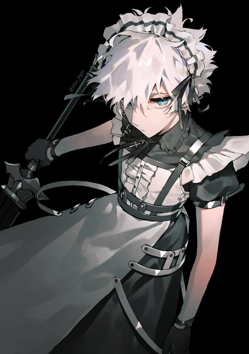 1boy absurdres alternate_costume apron bangs black_footwear black_gloves black_ribbon blue_eyes charles-henri_sanson_(fate) choker closed_mouth commentary_request crossdressing enmaided expressionless fate/grand_order fate_(series) feet_out_of_frame frills gloves highres holding holding_sword holding_weapon looking_at_viewer maid maid_apron maid_day maid_headdress male_focus ribbon ribbon_choker seiya_ingen short_hair short_sleeves solo sword twitter_username weapon white_hair