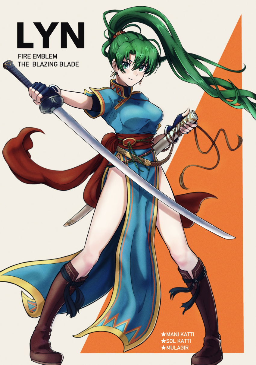 1girl blue_dress boots breasts brown_footwear character_name dress earrings fire_emblem fire_emblem:_the_blazing_blade full_body green_eyes green_hair highres holding holding_sword holding_weapon jewelry knee_boots large_breasts long_hair looking_at_viewer lyn_(fire_emblem) pelvic_curtain ponytail rooru_kyaabetsu scabbard sheath short_sleeves smile solo standing sword thighs very_long_hair weapon