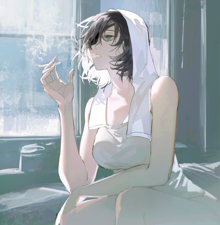 1girl between_fingers black_hair breasts chainsaw_man cigarette day expressionless eyelashes eyepatch feet_out_of_frame green_eyes hair_between_eyes highres himeno_(chainsaw_man) holding holding_cigarette indoors looking_afar medium_breasts one_eye_covered open_mouth short_hair sitting sleepless_(wrysmile) sleeveless smoke smoking solo sunlight tank_top towel towel_on_head white_tank_top window