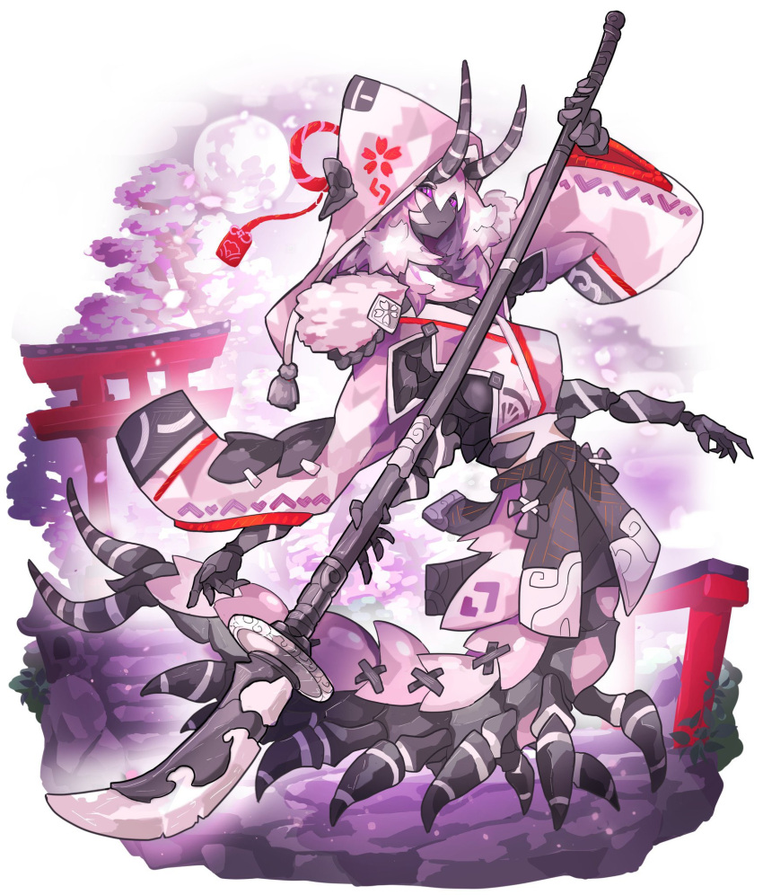 1girl arthropod_girl black_skin carapace centipede_girl cherry_blossoms colored_sclera colored_skin commentary_request extra_arms extra_legs floral_print highres hood horns mix_(candlmix) naginata original petals pink_hair polearm purple_sclera violet_eyes weapon wide_sleeves
