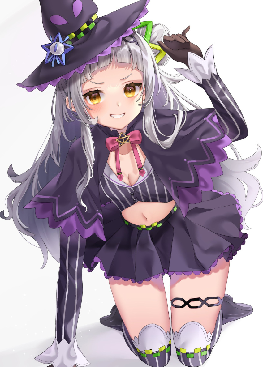 1girl absurdres all_fours bangs black_capelet black_headwear black_shirt black_skirt black_vest blush brown_gloves capelet crop_top full_body gloves grey_hair grin hair_bun hair_ornament hat highres hololive long_hair long_sleeves looking_at_viewer midriff miniskirt murasaki_shion navel nichino shirt shoes simple_background skirt smile solo striped striped_legwear striped_shirt thigh-highs thigh_strap v-shaped_eyebrows vertical-striped_legwear vertical-striped_shirt vertical_stripes very_long_hair vest virtual_youtuber white_background witch_hat yellow_eyes