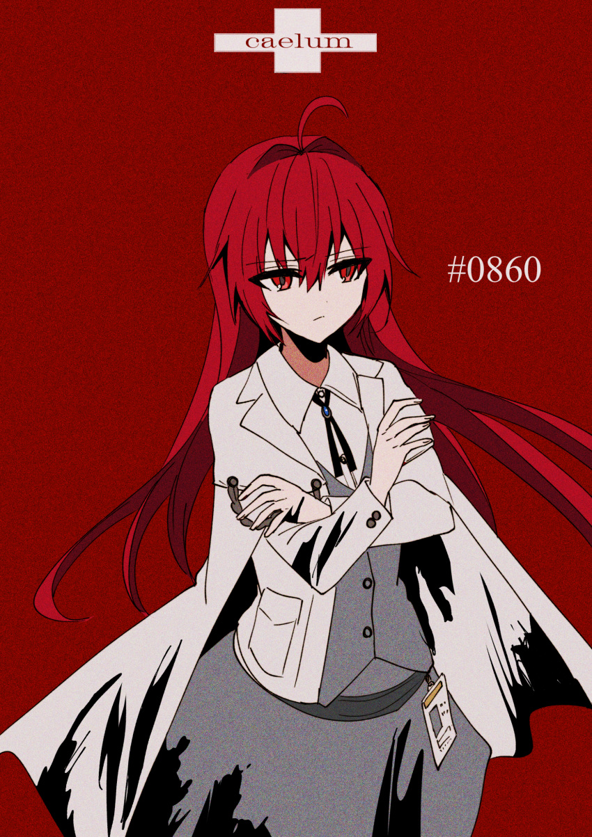 1girl absurdres ahoge bangs chihuri closed_mouth collared_shirt crossed_arms dress_shirt eyebrows_visible_through_hair grey_skirt grey_vest hair_between_eyes hair_intakes highres jacket long_hair long_sleeves looking_away open_clothes open_jacket original red_background red_eyes redhead shirt simple_background skirt solo very_long_hair vest white_jacket white_shirt
