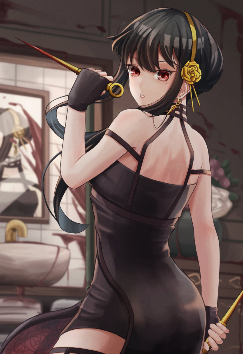 1girl ass bare_arms bare_shoulders black_dress black_gloves black_hair blood commentary cowboy_shot dress dual_wielding earrings faucet fingerless_gloves gloves hairband hand_up highres holding holding_weapon indoors jewelry looking_at_viewer mirror musson parted_lips red_eyes reverse_grip short_hair_with_long_locks solo spy_x_family standing weapon yellow_hairband yor_briar