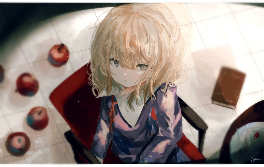 1girl agasa_(akasa_anodan) apple blonde_hair blurry book chair collared_dress commentary_request depth_of_field dress food fruit grey_eyes hair_between_eyes long_sleeves looking_at_viewer looking_up maribel_hearn neck_ribbon no_hat no_headwear purple_dress red_ribbon ribbon short_hair signature sitting solo tile_floor tiles touhou upper_body