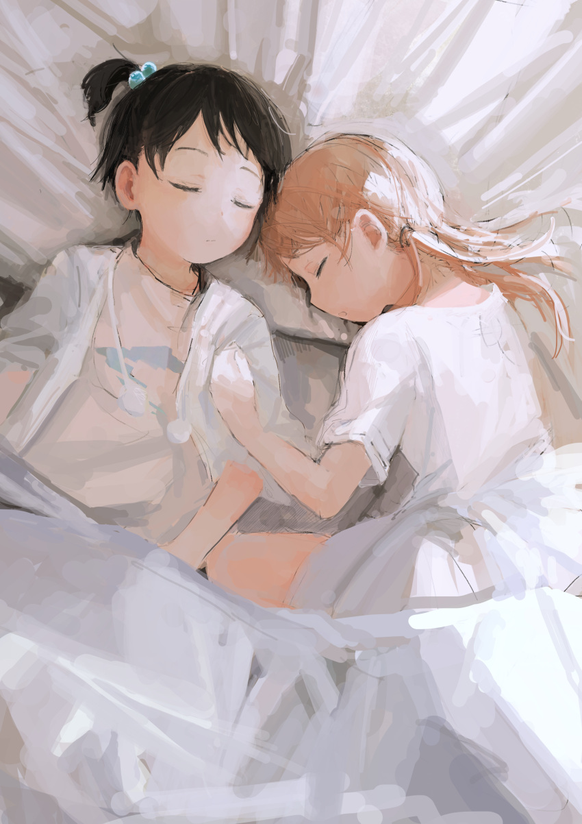 2girls absurdres as4kla bed_sheet black_hair blanket brown_hair closed_eyes closed_mouth commentary hair_bobbles hair_ornament highres ichigo_mashimaro itou_chika matsuoka_miu multiple_girls open_mouth pillow shirt short_hair short_sleeves sleeping white_shirt