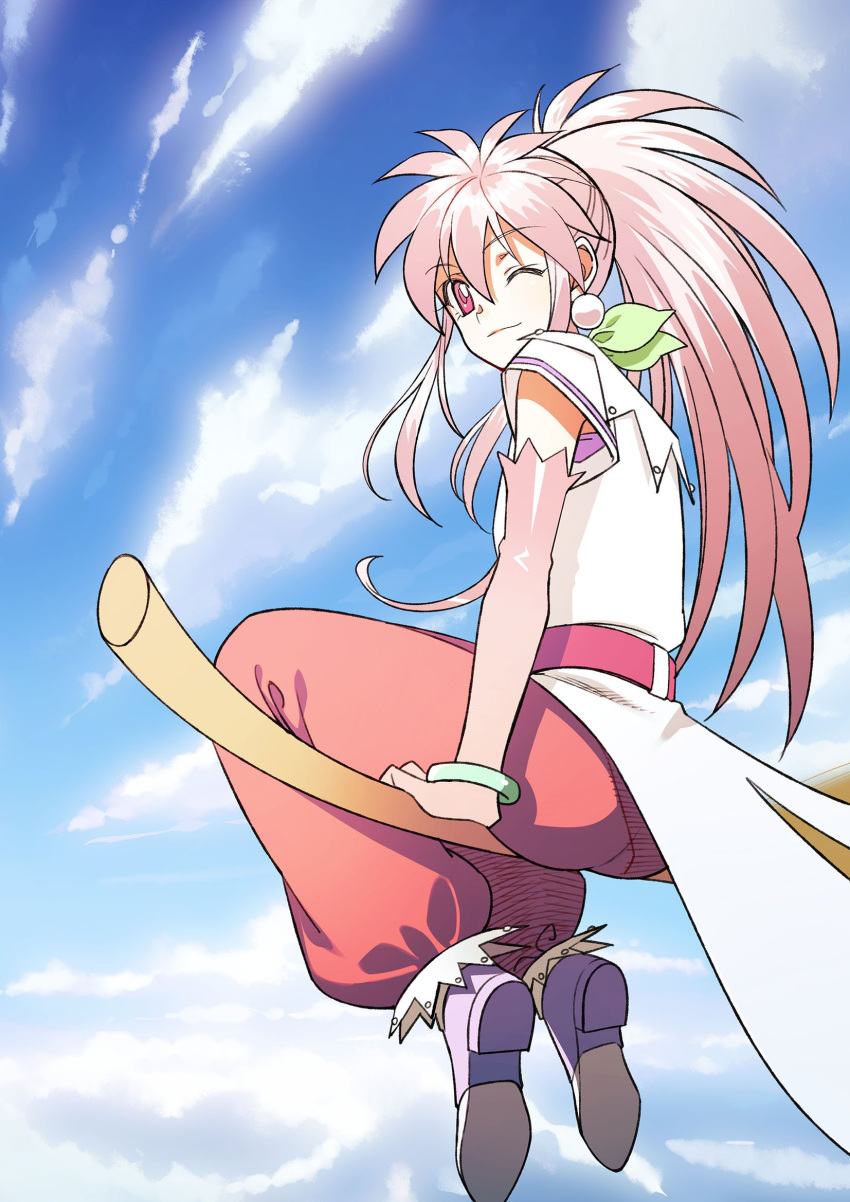 1girl arche_klein bracelet broom broom_riding closed_mouth clouds earrings elbow_gloves full_body gloves highres jewelry long_hair looking_at_viewer one_eye_closed pink_eyes pink_hair ponytail smile solo tales_of_(series) tales_of_phantasia tomaty. wide_ponytail