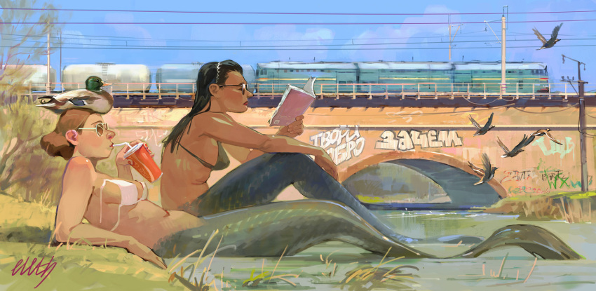 2girls animal_on_head bikini bikini_top_only bird bird_on_head black_hair book breasts bridge brown_hair cup day disposable_cup duck full_body graffiti grass ground_vehicle highres julia_zhuravleva lips lying mallard medium_breasts mermaid monster_girl multiple_girls on_back on_head original outdoors profile reading red_lips sideboob signature sitting sky sunglasses swimsuit tan train utility_pole water