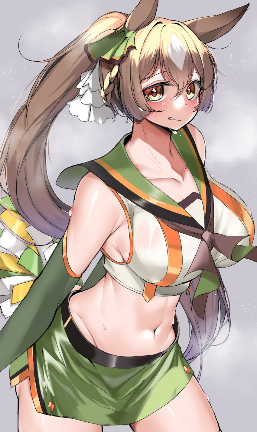 1girl absurdres animal_ears bangs blush breasts brown_eyes brown_hair cheerleader closed_mouth collarbone commentary_request detached_sleeves eyebrows_visible_through_hair green_skirt grey_background hair_between_eyes hair_ribbon heavy_breathing highres horse_ears horse_girl kshimu large_breasts long_hair navel pom_pom_(cheerleading) ponytail ribbon sailor_collar satono_diamond_(umamusume) simple_background skirt solo steam stomach tongue tongue_out umamusume