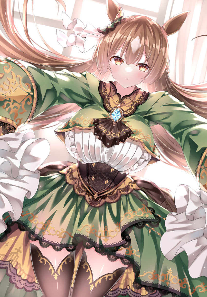 1girl animal_ears ascot bangs black_ascot black_corset black_legwear breasts brown_eyes brown_hair corset eyebrows_visible_through_hair green_jacket green_skirt hair_ribbon highres horse_ears horse_girl jacket large_breasts long_hair looking_at_viewer ribbon satono_diamond_(umamusume) sdwing skirt solo thigh-highs umamusume white_ribbon