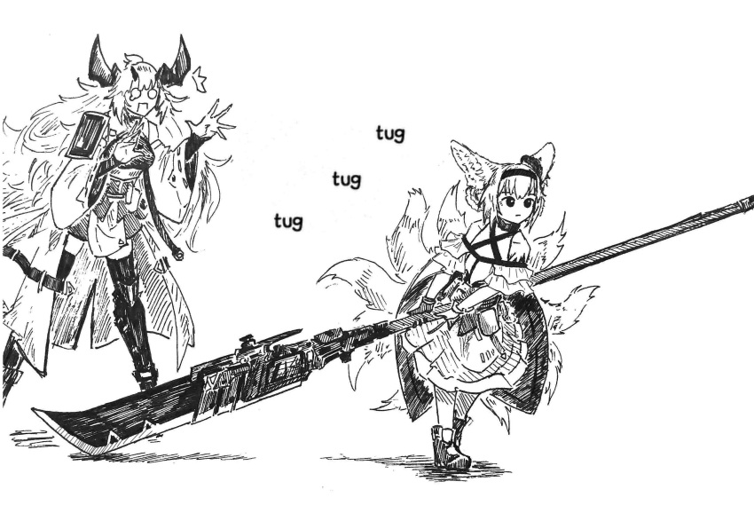 2girls animal_ears ankle_boots arknights bare_shoulders boots braid demon_horns dragging dress earpiece fox_ears fox_girl fox_tail greyscale hairband hands_up highres holding holding_polearm holding_weapon horns kitsune kyuubi matoimaru_(arknights) monochrome multiple_girls multiple_tails o_o polearm shiokaze1409 simple_background sketch standing suzuran_(arknights) tail tears thigh-highs weapon white_background