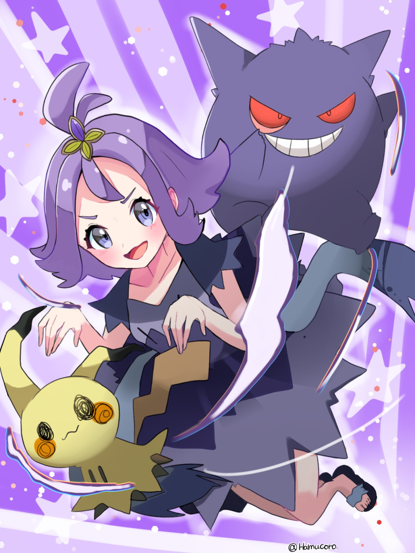 1girl :d acerola_(pokemon) bangs blush collarbone commentary_request dress flip-flops flipped_hair gengar grey_dress grey_eyes hair_ornament hairclip hands_up highres medium_hair mimikyu multicolored_clothes multicolored_dress open_mouth pokemon pokemon_(creature) pokemon_(game) pokemon_sm purple_background purple_hair sandals short_sleeves smile star_(symbol) tongue topknot torn_clothes torn_dress yuu_(mwms4882)