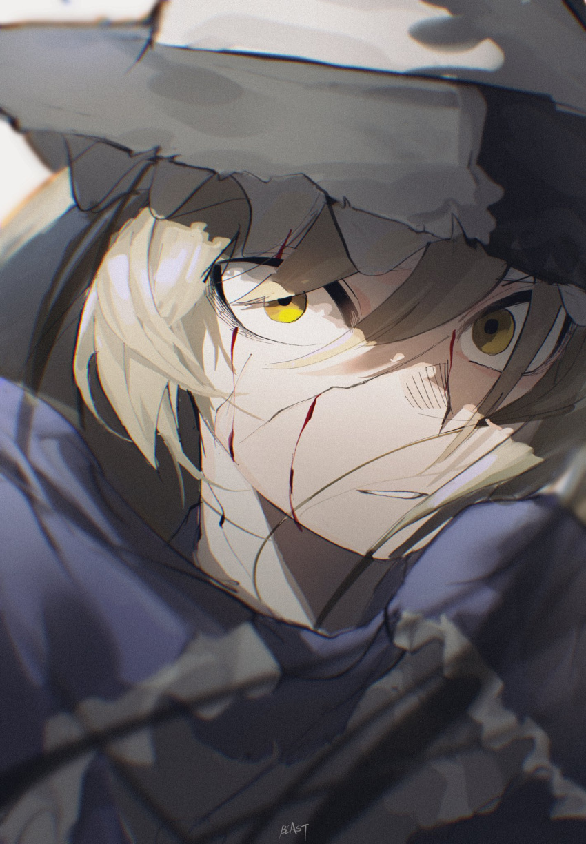 1girl artist_name bangs black_headwear blast-7 blonde_hair blood blood_on_face commentary_request frilled_hat frills hair_between_eyes hat highres kirisame_marisa looking_at_viewer parted_lips portrait signature solo touhou yellow_eyes