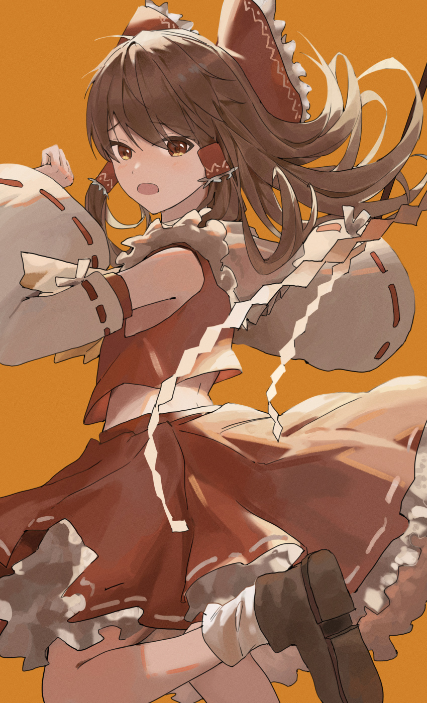 1girl absurdres bow brown_eyes brown_footwear brown_hair detached_sleeves frills hair_bow hair_tubes hakurei_reimu highres long_hair looking_at_viewer open_mouth orange_background petticoat red_bow red_skirt ribbon-trimmed_sleeves ribbon_trim shoes skirt socks solo touhou white_legwear wide_sleeves yunkkker