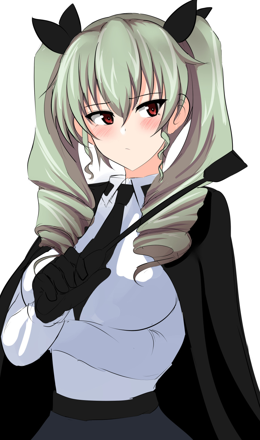 1girl absurdres aikir_(jml5160) anchovy_(girls_und_panzer) anzio_school_uniform bangs black_cape black_gloves black_necktie black_ribbon black_skirt blush cape closed_mouth commentary dress_shirt drill_hair eyebrows_visible_through_hair frown girls_und_panzer gloves green_hair hair_ribbon highres holding long_hair long_sleeves looking_at_viewer necktie red_eyes ribbon school_uniform shirt simple_background skirt solo twin_drills twintails upper_body white_background white_shirt wing_collar