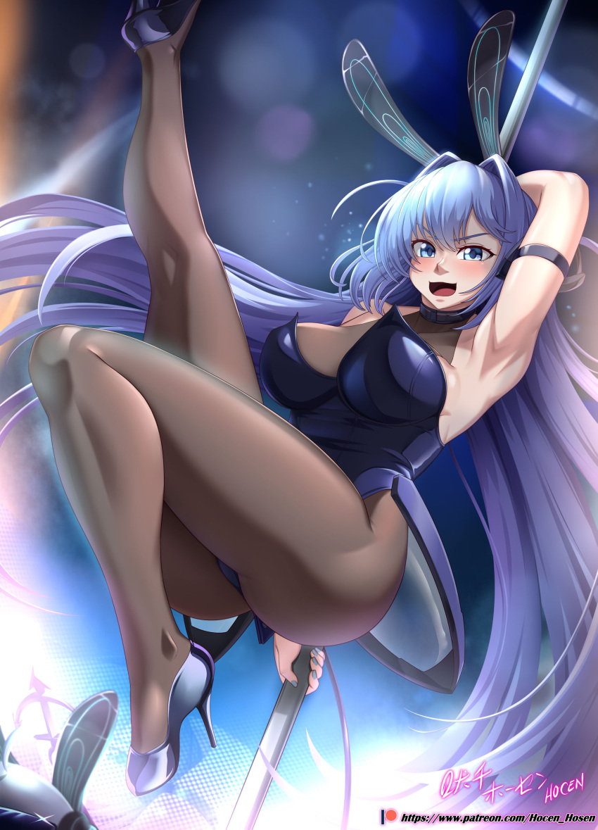 1girl absurdly_long_hair absurdres animal_ears arm_behind_head armpits artist_name ass azur_lane black_hair bodystocking breasts fake_animal_ears full_body high_heels highres large_breasts leg_up lens_flare leotard long_hair looking_at_viewer new_jersey_(azur_lane) new_jersey_(exhilarating_steps!)_(azur_lane) official_alternate_costume open_mouth oversized_breast_cup patreon_username playboy_bunny pole pole_dancing presenting_armpit purple_footwear purple_leotard rabbit_ears shoes solo stiletto_heels strapless strapless_leotard stripper_pole very_long_hair vilde_loh_hocen violet_eyes