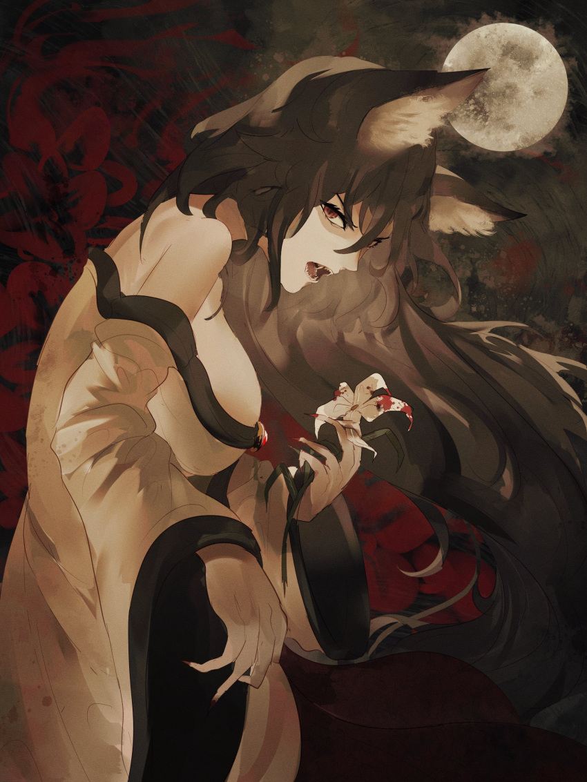 1girl absurdres animal_ear_fluff animal_ears blood blood_splatter breasts brooch brown_hair dress eyebrows_visible_through_hair fingernails flower full_moon hair_between_eyes highres holding holding_flower imaizumi_kagerou jewelry large_breasts long_fingernails long_hair long_sleeves looking_at_viewer looking_to_the_side moon naufaldreamer off-shoulder_dress off_shoulder red_eyes red_nails sharp_teeth solo teeth touhou very_long_hair white_dress wide_sleeves wolf_ears