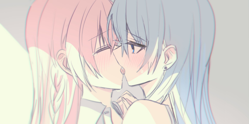 2girls absurdres bangs bare_shoulders blue_eyes blush braid chihuri closed_eyes collared_shirt dress_shirt eyebrows_visible_through_hair facing_another french_kiss from_side grey_hair hair_between_eyes highres holding_hands interlocked_fingers kiss long_hair looking_at_another multiple_girls open_clothes open_mouth open_shirt original pink_hair portrait profile shirt sweat tears tongue tongue_out white_shirt yuri