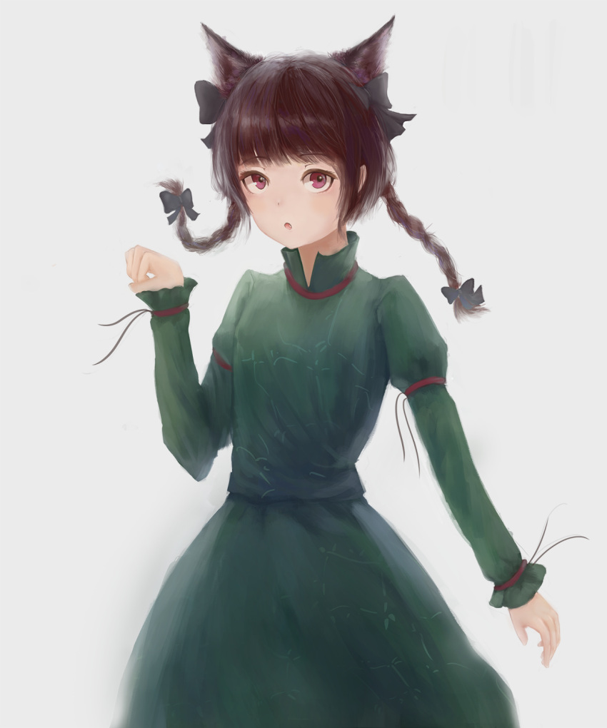 1girl :o animal_ears bangs bloom blunt_bangs bow braid cat_ears dress fjsmu floating_hair green_dress grey_background hand_up highres juliet_sleeves kaenbyou_rin long_sleeves looking_at_viewer open_mouth paw_pose puffy_sleeves red_eyes redhead simple_background solo touhou twin_braids twintails