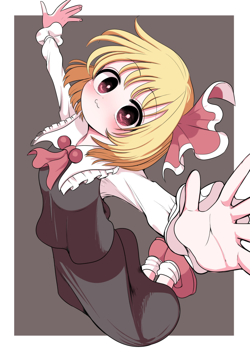 1girl :3 absurdres ascot bangs black_background black_skirt black_vest blonde_hair bright_pupils closed_mouth eyebrows_visible_through_hair hair_ribbon highres long_sleeves looking_at_viewer outside_border outstretched_arms red_ascot red_eyes red_footwear red_ribbon ribbon rumia shirt short_hair simple_background skirt smile solo touhou vest white_legwear white_pupils white_shirt zurikishi