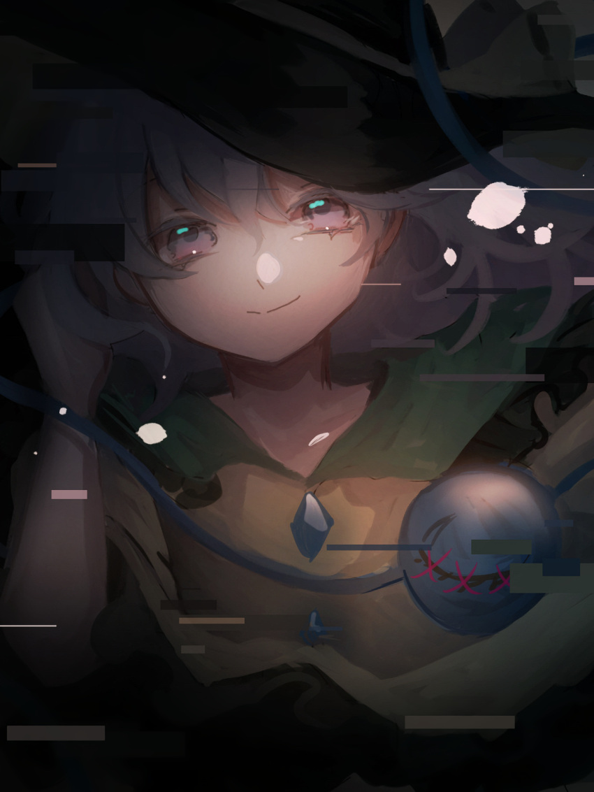 1girl bad_id bad_pixiv_id black_headwear blouse buttons commentary diamond_button floating_hair frilled_shirt_collar frilled_sleeves frills glitch grey_eyes grey_hair hair_between_eyes hand_in_own_hair hand_up hat hat_ribbon highres komeiji_koishi long_sleeves looking_at_viewer medium_hair ribbon rokuya_(68_zusao) shirt smile solo stitches third_eye touhou upper_body wide_sleeves yellow_ribbon yellow_shirt