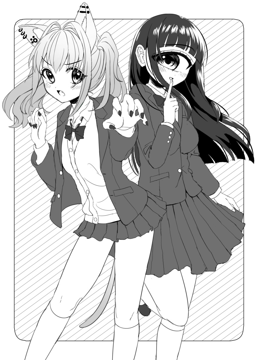2girls :d absurdres animal_ears bangs black_hair blunt_bangs blunt_ends blush cat_ears cat_tail claw_pose cyclops ear_piercing earrings eyebrows_visible_through_hair fang greyscale hair_intakes highres index_finger_raised jewelry kneehighs long_hair long_sleeves looking_at_viewer mntimccz monochrome monster_girl multiple_earrings multiple_girls nail_polish one-eyed open_mouth original piercing pleated_skirt school_uniform skirt skirt_hold smile socks standing standing_on_one_leg tail twintails unbuttoned v-shaped_eyebrows