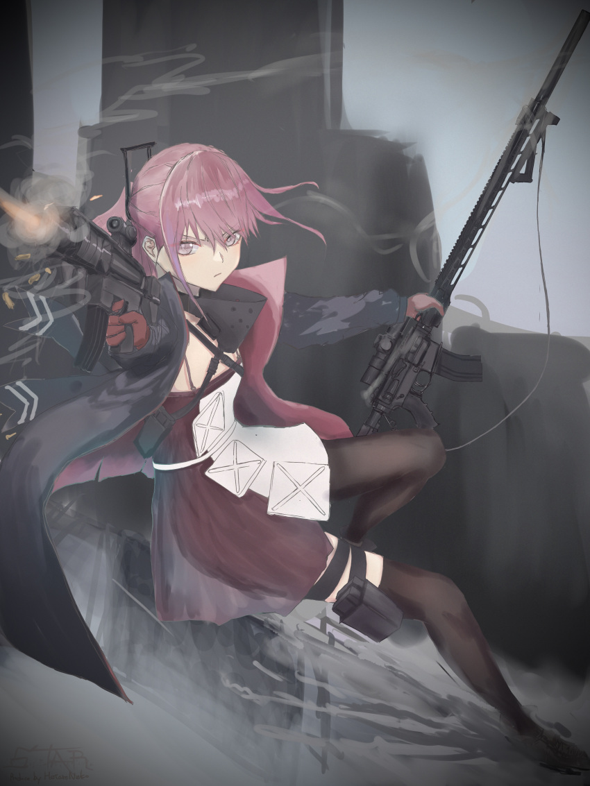 absurdres ar-15 artist_name assault_rifle asymmetrical_legwear bangs black_footwear black_jacket black_legwear breasts character_name closed_mouth commentary_request dress eyebrows_visible_through_hair firing girls_frontline gloves gun hair_ornament hairclip hetare_galm_sue highres holding holding_weapon holster jacket long_hair long_jacket looking_away mask mod3_(girls'_frontline) mouth_mask multiple_weapons muzzle muzzle_flash outdoors pink_dress pink_hair ponytail red_gloves rifle serious shoes sidelocks single_thighhigh slide small_breasts st_ar-15_(girls'_frontline) thigh-highs thigh_pouch violet_eyes weapon