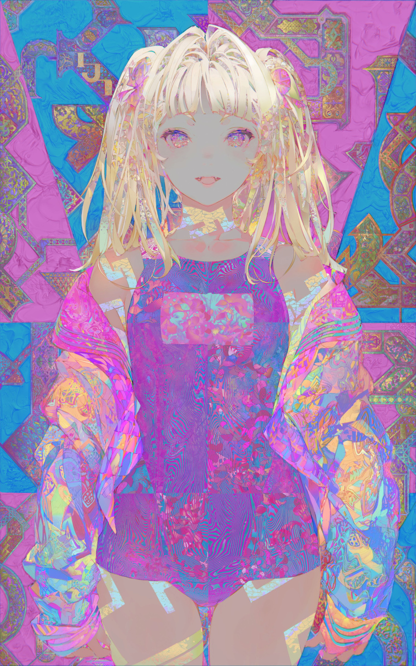 1girl abstract absurdres blonde_hair cowboy_shot highres one-piece_swimsuit open_mouth original psychedelic school_swimsuit sharp_teeth solo swimsuit taiki_(luster) teeth twintails