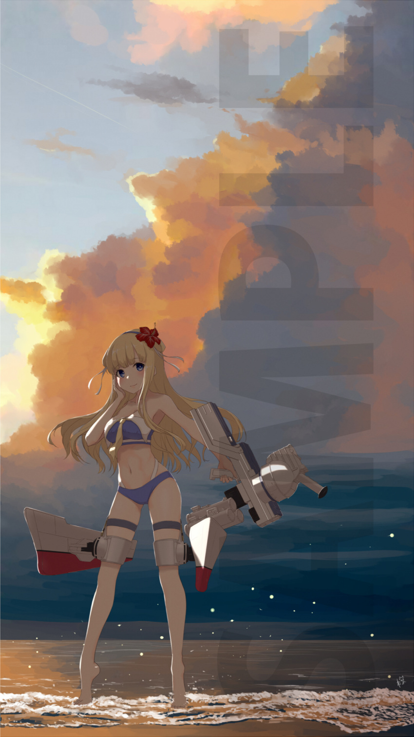 1girl barefoot beach bikini blonde_hair blue_bikini breasts commentary_request contrapposto double_bun fletcher_(kancolle) flower full_body gradient_sky hair_flower hair_ornament hairband hand_on_own_face hibiscus highres horizon kantai_collection large_breasts long_hair looking_at_viewer machinery neve sample_watermark school_uniform serafuku sky soaking_feet solo standing sunset swimsuit violet_eyes