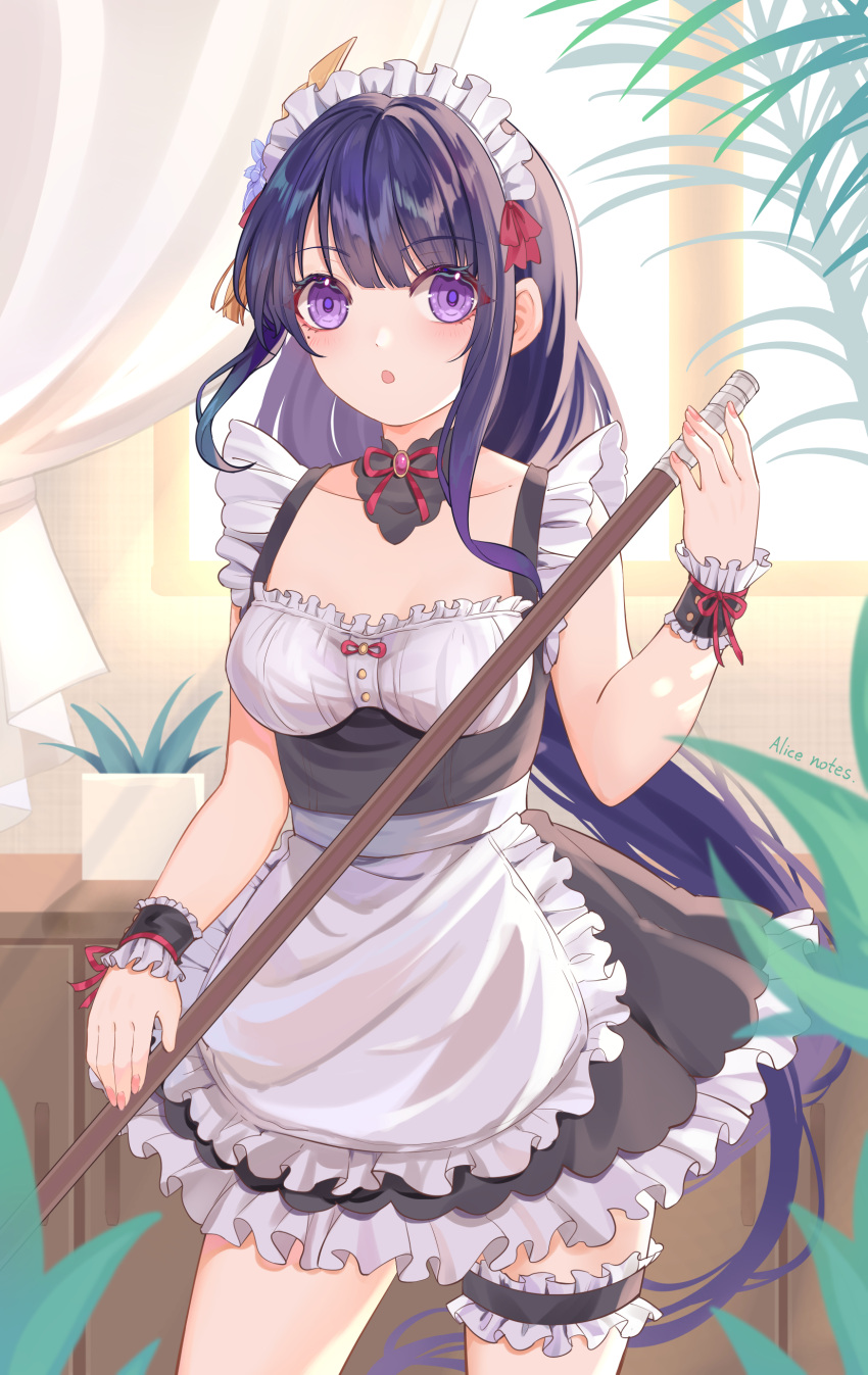 1girl absurdres alternate_costume apron bangs breasts enmaided frilled_apron frills genshin_impact hair_ornament highres leg_garter lixiang_guo_alice long_hair looking_at_viewer maid maid_apron maid_headdress medium_breasts neck_ribbon purple_hair raiden_shogun red_ribbon ribbon solo standing violet_eyes