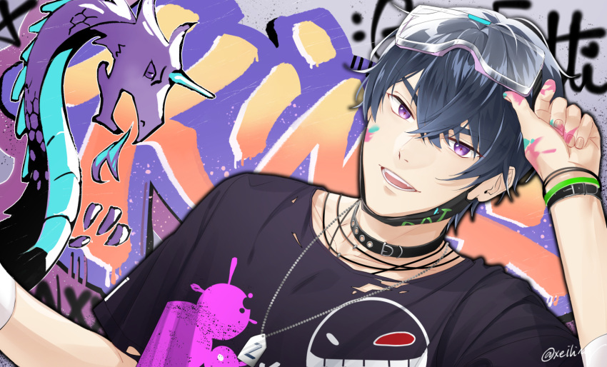 1boy :d bangs black_choker black_shirt casual choker dog_tags fingernails goggles goggles_on_head highres looking_at_viewer marius_von_hagen_(tears_of_themis) mask mouth_mask open_mouth purple_hair shirt short_hair smile solo tears_of_themis violet_eyes xeiling
