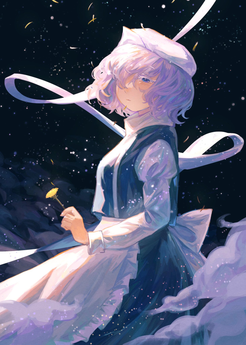 1girl apron bangs blue_eyes blue_skirt blue_vest clouds dandelion flower hat highres holding holding_flower juliet_sleeves letty_whiterock long_sleeves looking_at_viewer mob_cap mushiao petals puffy_sleeves purple_hair ribbon shirt short_hair skirt solo symbol-only_commentary touhou vest waist_apron white_apron white_headwear white_ribbon white_shirt yellow_flower