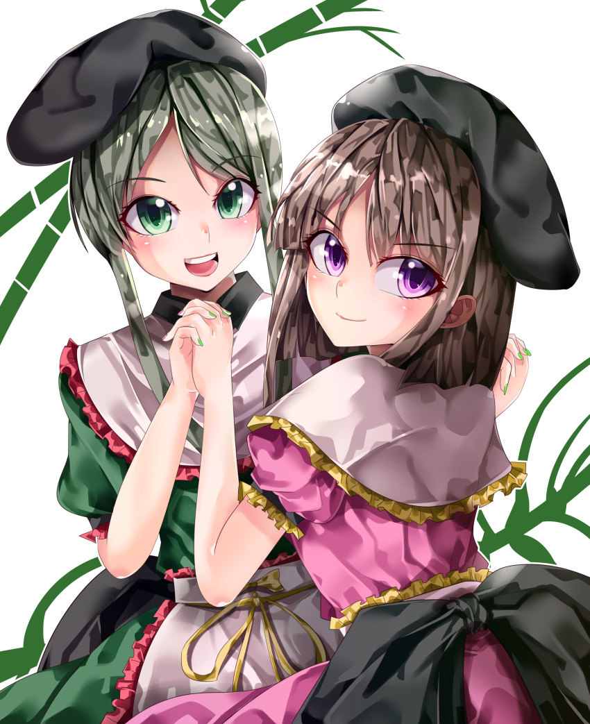 2girls absurdres apron back_bow black_bow black_headwear bow brown_hair closed_mouth commentary_request dress eyebrows_visible_through_hair frilled_apron frilled_dress frills from_behind green_dress green_eyes green_hair hat highres looking_at_viewer looking_back maboroshi_mochi multiple_girls nail_polish nishida_satono open_mouth pink_dress pink_eyes puffy_short_sleeves puffy_sleeves ribbon short_sleeves smile tate_eboshi teeth teireida_mai touhou upper_teeth v-shaped_eyebrows waist_apron white_apron yellow_ribbon