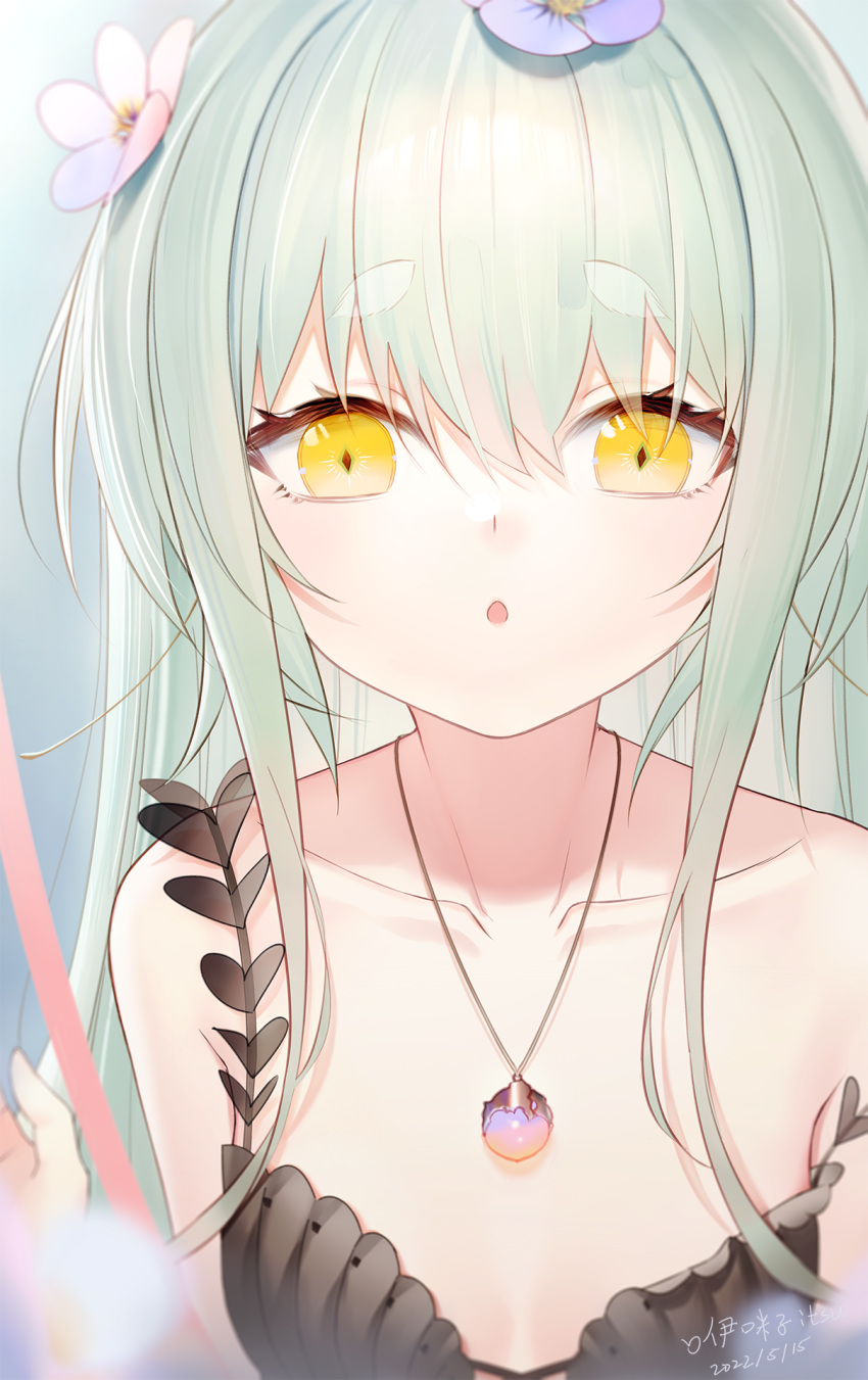 1girl :o bangs bare_arms bare_shoulders black_shirt collarbone commentary_request dated diamond-shaped_pupils diamond_(shape) eyelashes face flower furrowed_brow green_background green_hair hair_between_eyes hair_flower hair_ornament highres jewelry long_hair looking_at_viewer necklace ookamisama original parted_lips shirt sidelocks solo symbol-shaped_pupils thick_eyebrows yellow_eyes
