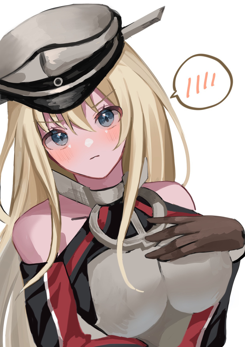 1girl bangs bare_shoulders bismarck_(kancolle) blonde_hair blue_eyes blush breasts closed_mouth detached_sleeves gloves hair_between_eyes hand_on_own_chest hat highres kantai_collection large_breasts long_hair looking_at_viewer military military_hat military_uniform peaked_cap solo takemochi uniform upper_body white_background