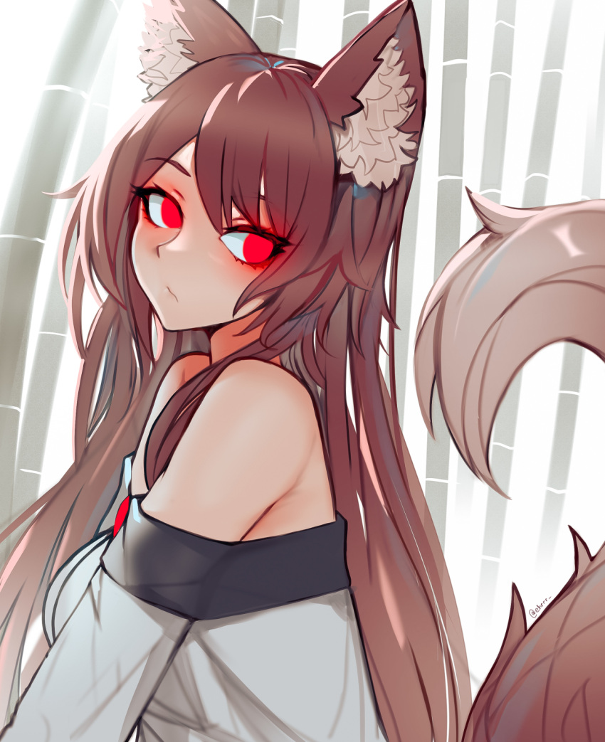 1girl animal_ear_fluff animal_ears bangs bare_shoulders brown_hair commentary dress ehrrr highres imaizumi_kagerou long_hair looking_at_viewer off-shoulder_dress off_shoulder red_eyes solo tail touhou upper_body very_long_hair white_dress wolf_ears wolf_tail