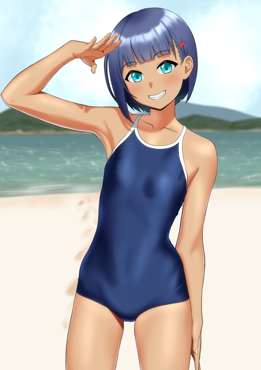1girl absurdres bare_shoulders beach blue_eyes blue_hair blue_swimsuit blush borrowed_character breasts dark-skinned_female dark_skin eyebrows_visible_through_hair grin hair_ornament hairclip harigane_mutsumi highres kanagi_haruka looking_at_viewer original school_swimsuit short_hair small_breasts smile solo swimsuit younger