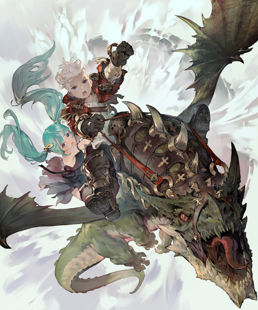 1boy 1girl 1other absurdres black_dress blue_eyes blue_hair boots brown_footwear clenched_hand dragon dress eastern_dragon flying gloves green_scales highres holding jacket onacia open_mouth red_jacket red_tongue riding riding_dragon shirt tongue white_hair white_shirt